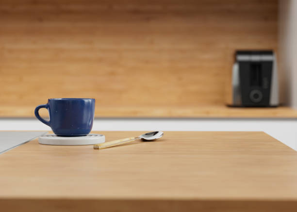 istock Blue Ceramic 3D Rendered Coffee Cup on Trivet with Spoon In Kitchen. 1892976719