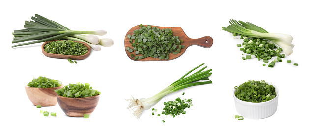 Collage of chopped and whole green onions on white background