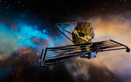 James Webb Space Telescope Exploring Deep Space Against Nebula