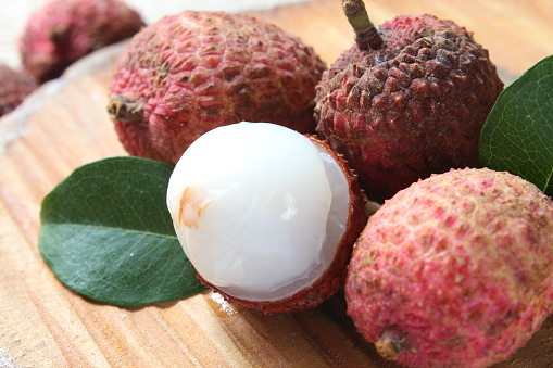Fresh lychee fruits, close up, selective focus.