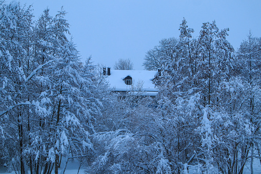 View of a cottage near frozen Golcuk Lake side, Bolu, Turkey.