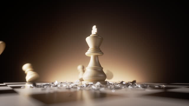 The white king chess piece falls to the chessboard and smashes the black and white pawns. 3d slow motion animation of aggressive attack and successful strategy. Victory in the game.