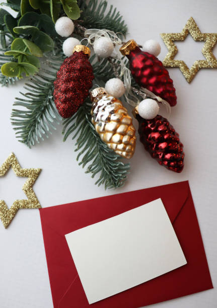 istock fir branch with New Year's toys and white blank for text 1893126806