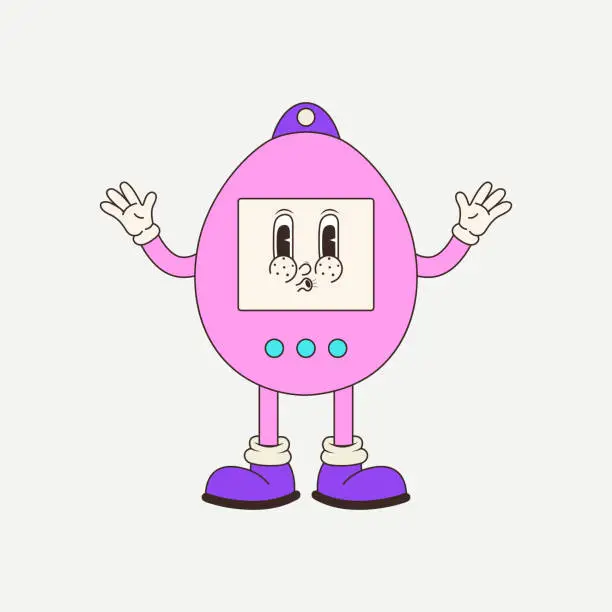 Vector illustration of Tamagotchi character in trendy retro 70s style.Vector illustration