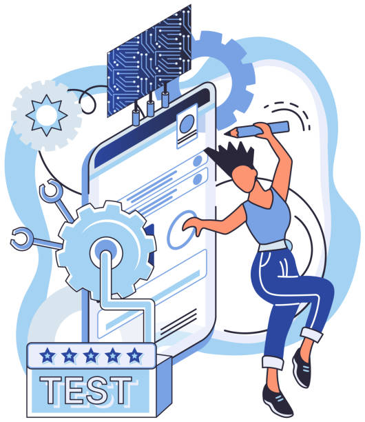 Application testing metaphor. Vector. Software testing, inspection officer ensuring coding standards are met Application testing metaphor. Vector illustration. Application testing, audit that every software must pass App test, endurance test for evaluating apps resilience Software testing, sweep that keeps big computer desk stock illustrations