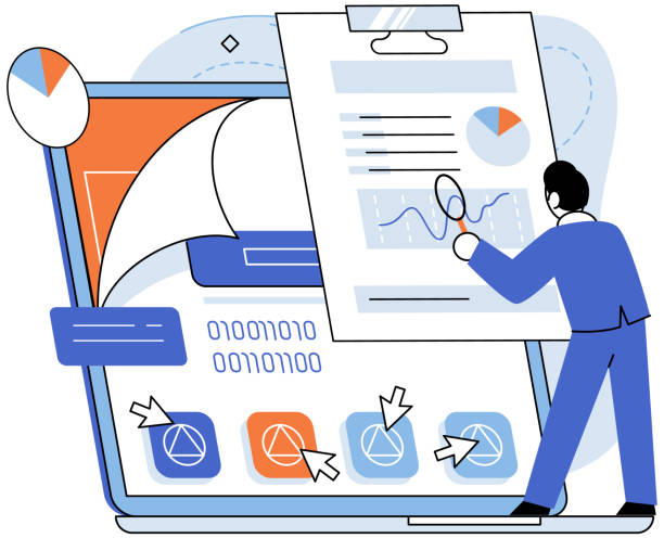 Application testing metaphor. Vector. Application testing, scale to measure softwares performance App test, boot camp Application testing metaphor. Vector illustration. Software testing, cleaner that sweeps potential bugs off software floor Application testing, safety check ensuring glitch-free user experiences big computer desk stock illustrations