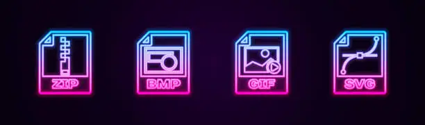 Vector illustration of Set line ZIP file document, BMP, GIF and SVG. Glowing neon icon. Vector