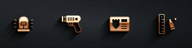 istock Set Flasher siren, Police electric shocker, badge with id case and Bullet casing ruler icon with long shadow. Vector 1893199825