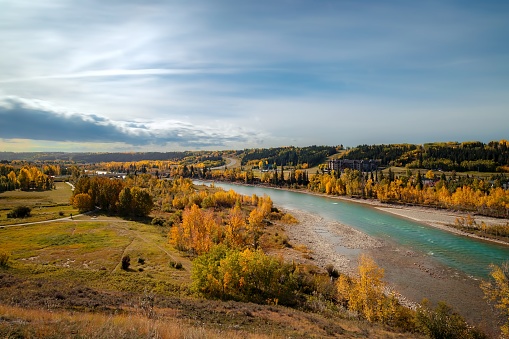 A panoramic long exposure of the Cochrane River valley on a fall day.