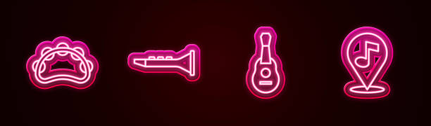 istock Set line Tambourine, Clarinet, Guitar and Location musical note. Glowing neon icon. Vector 1893236091
