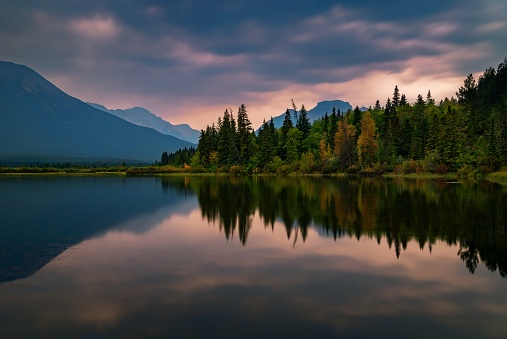 A panoramic long exposure sunrise at Vermilion Lakes in the summertime.