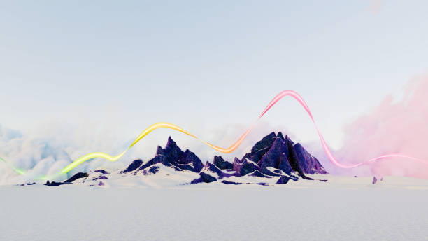 A surreal winter landscape with a colorful line above a dark purple mountain
