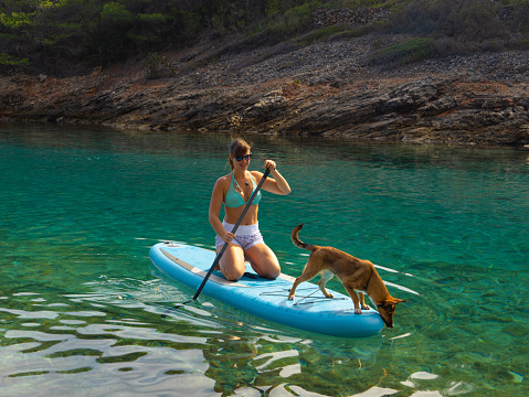 Breathtaking clear blue Adriatic sea with young lady and her curious dog on SUP. She is on active holidays with her dog at a picturesque tourist destination of the island of Hvar with many hidden bays