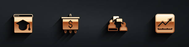 istock Set Online education, Target with dollar, Two sitting men talking and Financial growth increase icon with long shadow. Vector 1893302500