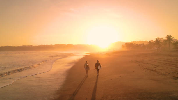AERIAL Golden sunset and two surfers walking on a sandy beach after surf session