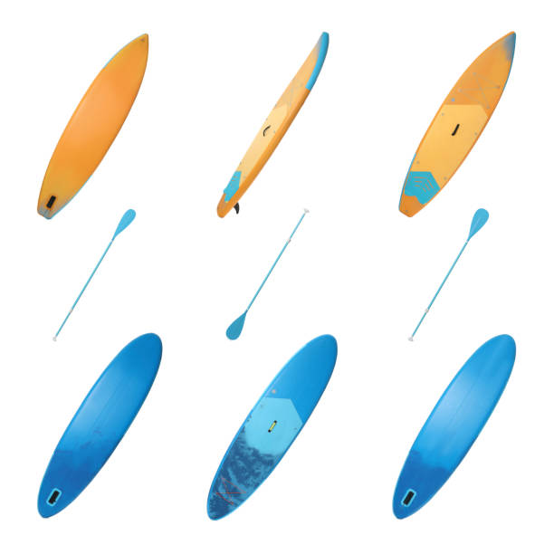 istock Collage with SUP boards with paddle isolated on white, different sides 1893354259