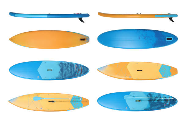istock Collage with SUP boards with paddle isolated on white, different sides 1893356337