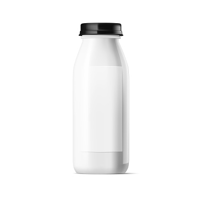 Elegant white plastic bottle with black lid for milk-based products. Isolated vector image, front view with space for custom branding design. Vector illustration