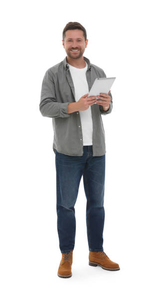 istock Happy man with tablet on white background 1893375525