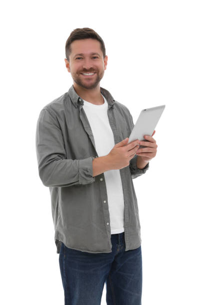 istock Happy man with tablet on white background 1893375526