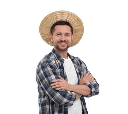Harvesting season. Happy farmer with crossed arms on white background