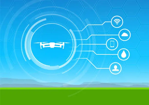 Vector illustration of Drone over a green field