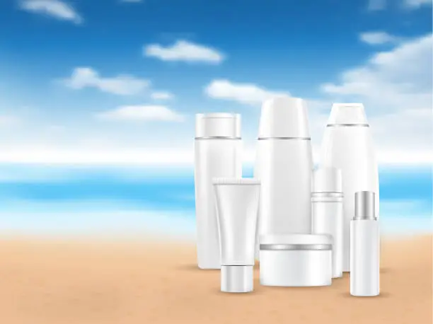 Vector illustration of Cosmetics template packshot on the beach