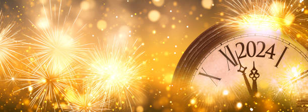 istock 2024 New Year Clock And Golden Fireworks  Countdown To Midnight 1893441555