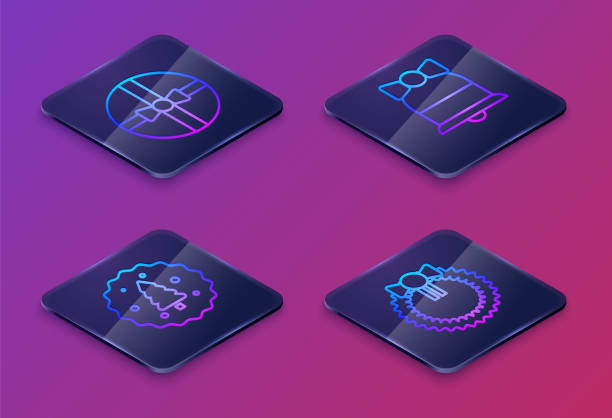 istock Set Isometric line Gift box, Cookie or biscuit with chocolate, Merry Christmas ringing bell and Christmas wreath. Blue square button. Vector 1893455289