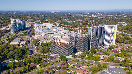 Aerial drone view of Castle Hill cbd in Sydney, NSW Australia on a sunny day in December 2023