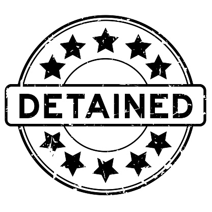 Grunge black detained word round rubber seal stamp on white background