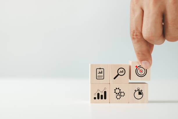 istock Business development concept. Hand arranging wood block stacking with business strategy, Action plan, Goal targeting the business success. Setting sale mission objective achievement. Leadership team. 1893502689