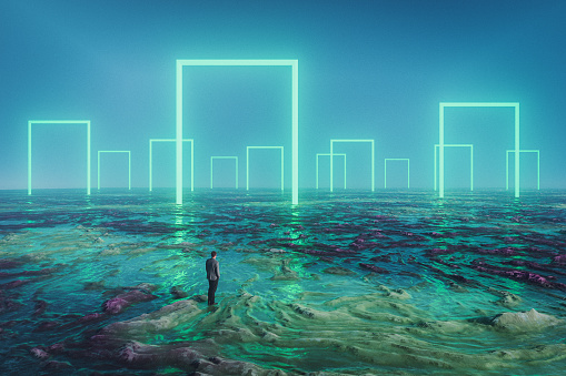 Businessman standing in front of glowing portals. 3D generated image.