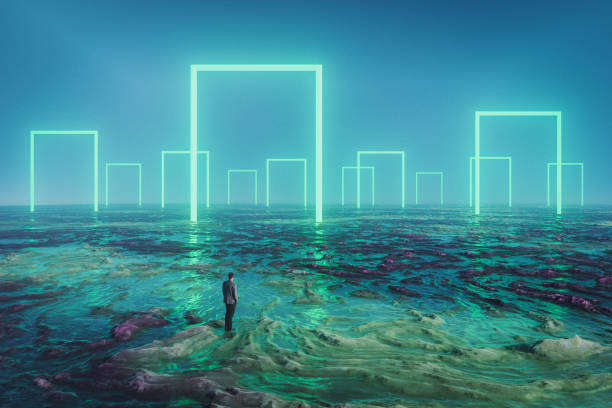 businessman standing in front of glowing portals - ethereal imagens e fotografias de stock