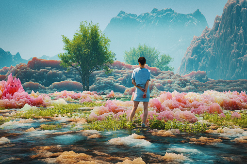 Woman standing in fantasy landscape. 3D generated image.