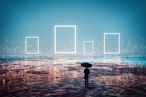 Man with umbrella standing in front of glowing portals. 3D generated image.