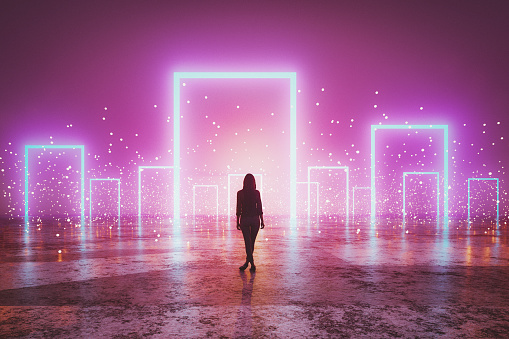 Woman standing in front of glowing portals. 3D generated image.
