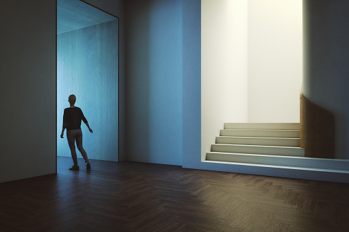 Woman walking in empty house. 3D generated image.