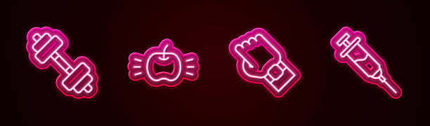 istock Set line Dumbbell, Apple, Smart watch on hand and Doping syringe. Glowing neon icon. Vector 1893550620