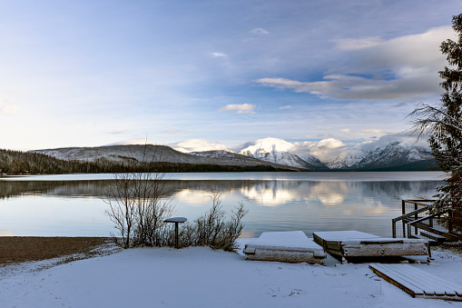 A cold winter day on the Bow River with Castle Mountain in the background.  Banff National Park, Alberta Canada.