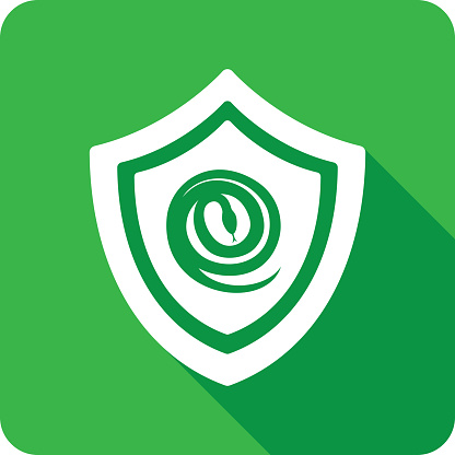 Vector illustration of a shield with snake icon against a green background in flat style.