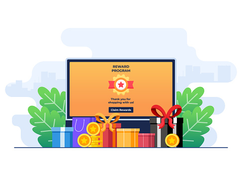 Flat-style vector illustration of Online loyalty program bonus card concept, Earn points and gold coins, Bonus cashback income, Reward points concept for website banner, online advertisement, marketing material, business presentation, poster, landing page, and infographic