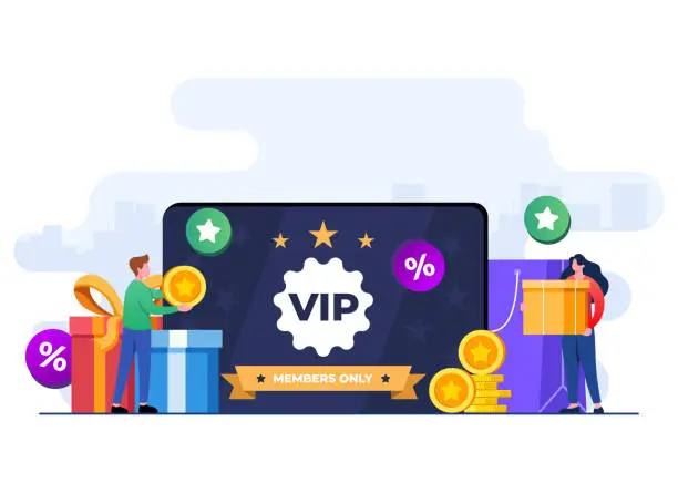 Vector illustration of People shopping online and receive rewards and gift boxes, Loyalty program marketing strategy, Loyalty card, Discount and bonuses, Earn reward points concept flat illustration vector template
