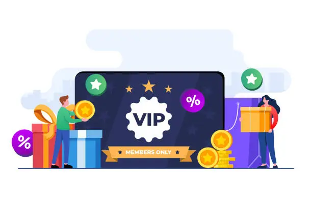 Vector illustration of People shopping online and receive rewards and gift boxes, Loyalty program marketing strategy, Loyalty card, Discount and bonuses, Earn reward points concept flat illustration vector template