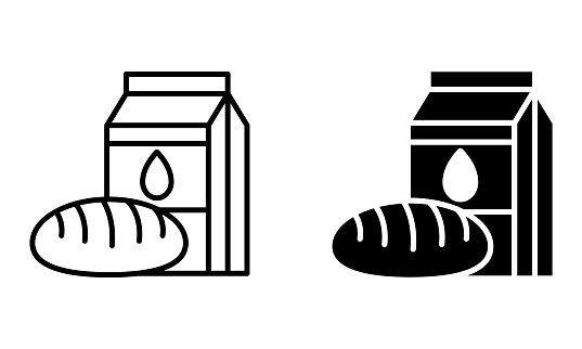 Bread and milk for breakfast, morning meal icon vector