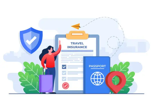 Vector illustration of Travel insurance service concept flat illustration vector template, Flight insurance, Safety security shield, Insurance policy document