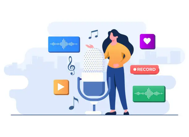 Vector illustration of Female character talking to big microphone and recording a podcast, Recording audio voice flat illustration, Webcast live, Streaming podcast, Digital music stream, Online multimedia entertainment