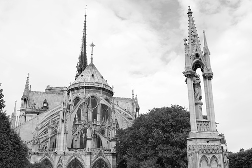 Black and white photography, Notre Dame Cathedral in Paris, France