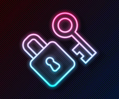 Glowing neon line Lock with key icon isolated on black background. Love symbol and keyhole sign. Vector.