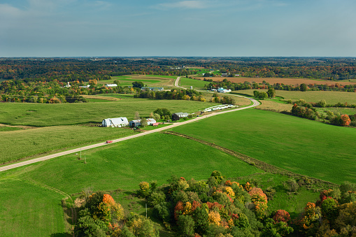 Aerial shot of farmland near Hillsboro in Vernon County, Wisconsin on a sunny day in Fall.